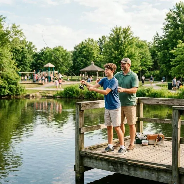 Father teaching his teenage son to cast a fishing rod on a wooden dock at a sunny community park pond with playground visible in the background