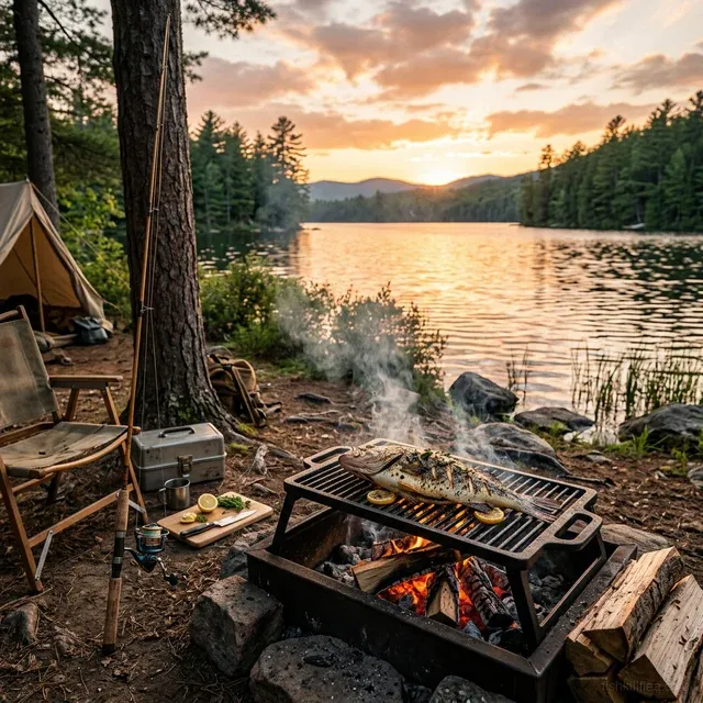 Freshly caught fish grilling on a campfire grill at sunset by a lake