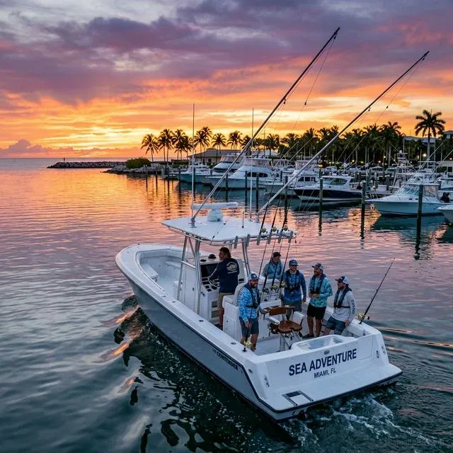 Charter fishing boat departing a Florida marina at sunrise with excited anglers on board, palm trees and colorful sky in the background
