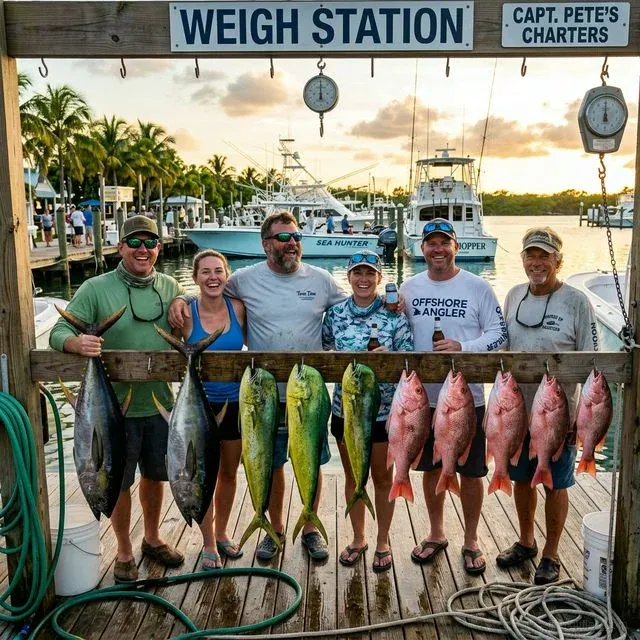 Happy group of anglers at a marina weigh station after a deep sea charter trip with yellowfin tuna, mahi-mahi, and red snapper catches
