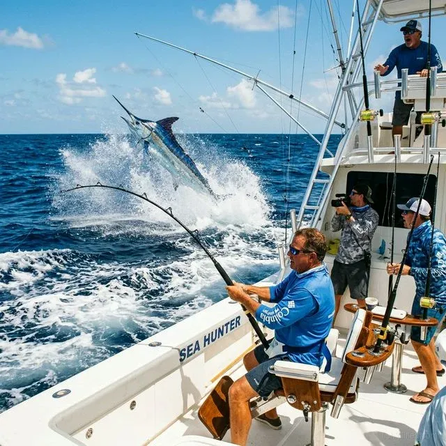 Anglers on a charter boat fighting a leaping marlin in deep blue Gulf of Mexico waters with outriggers and fighting chair visible