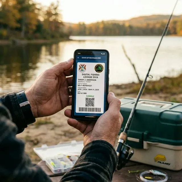 Angler holding a smartphone displaying a digital fishing license at a lake shore with fishing rod and tackle box in the background