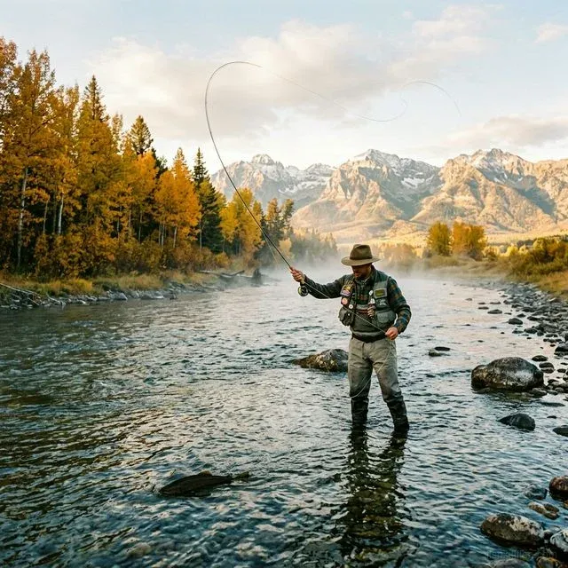Fly fisherman casting an elegant loop on a crystal clear mountain stream in Montana with snow-capped Rocky Mountain peaks and golden aspens