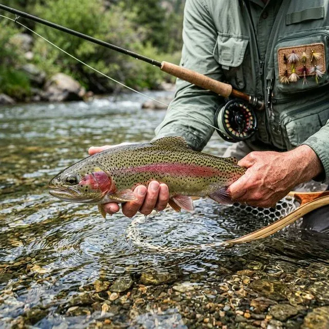Fly fisherman gently holding a vibrant wild rainbow trout above crystal clear stream water, about to release it, with fly rod and colorful flies visible