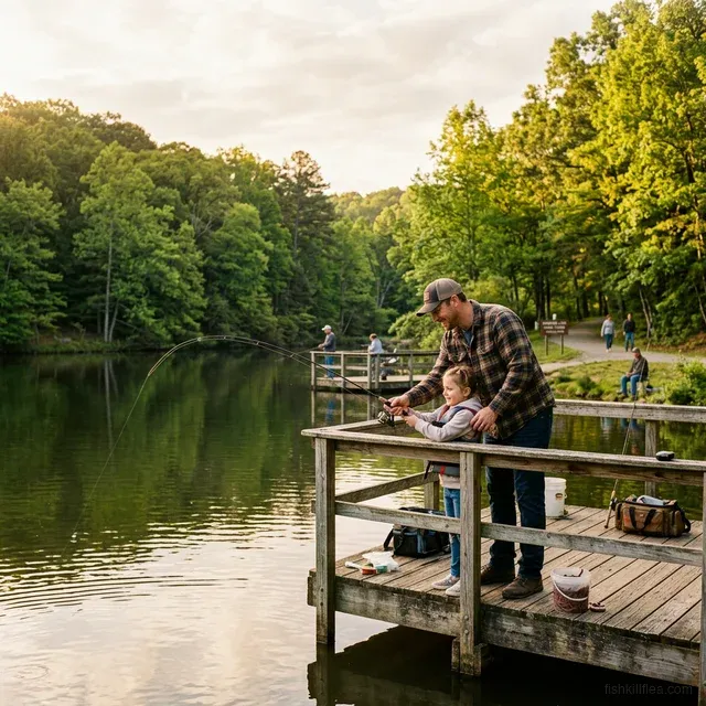 Father and daughter fishing at a public park pier at golden hour