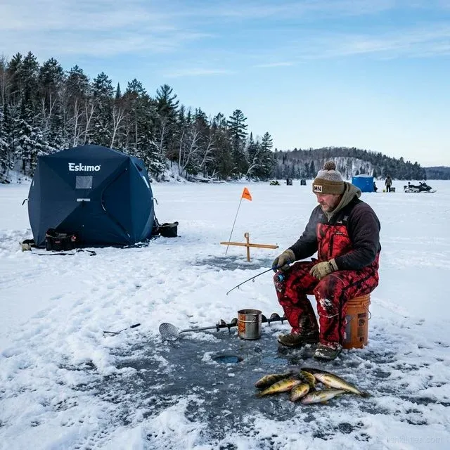 Ice fisherman sitting beside a drilled hole on a frozen Minnesota lake with a pop-up shelter, tip-up flag, and fresh-caught perch on the ice