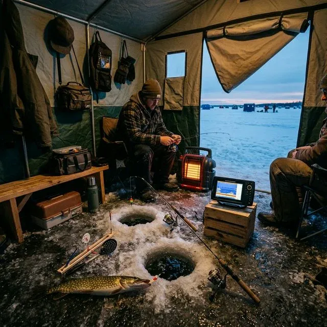 Inside a heated ice fishing shanty with fishing holes in the ice floor, a portable heater, fish finder screen, and a northern pike catch