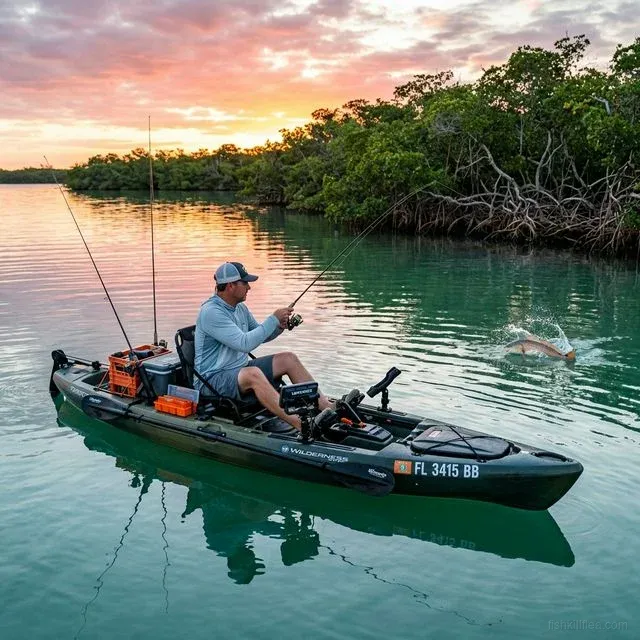 Solo angler fishing from a rigged kayak in a calm Florida mangrove bay at sunrise with turquoise water and a redfish splashing near the kayak