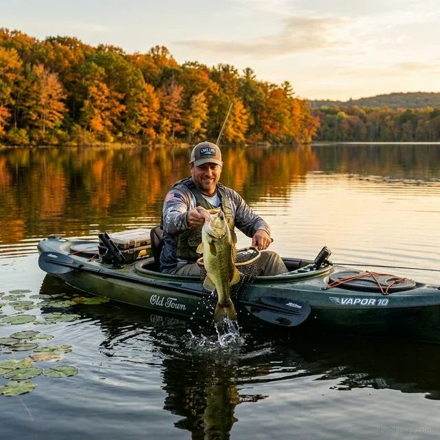 Kayak angler lifting a largemouth bass from an autumn lake at golden hour with colorful fall foliage reflecting on the calm water