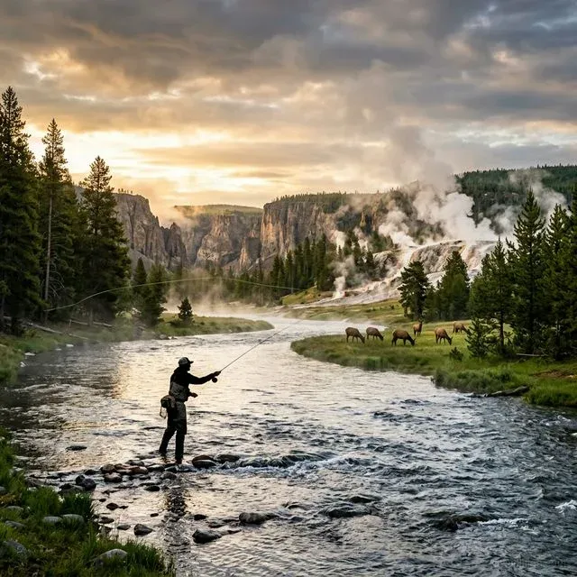 Fly fisherman casting in the Yellowstone River at sunrise with steaming geysers, dramatic canyon cliffs, and elk grazing in the meadow