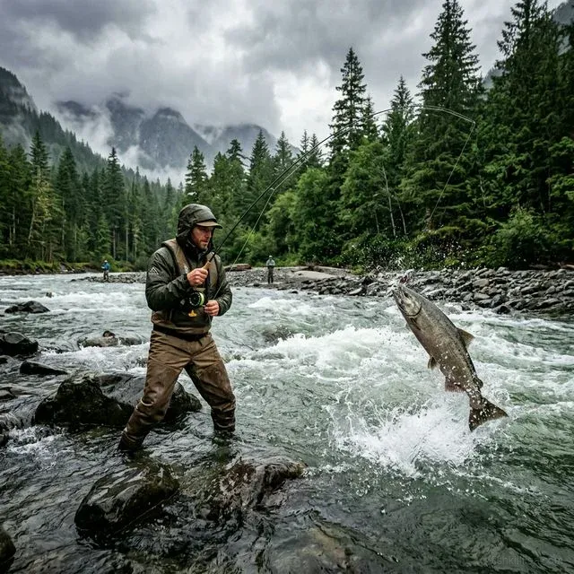 Angler fighting a leaping king salmon in a powerful Pacific Northwest river surrounded by dense evergreen forest and misty mountains