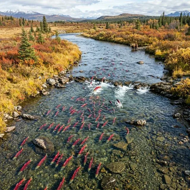 Dozens of bright red sockeye salmon swimming upstream in a crystal clear Alaska river during spawning season with autumn tundra and a brown bear on the bank