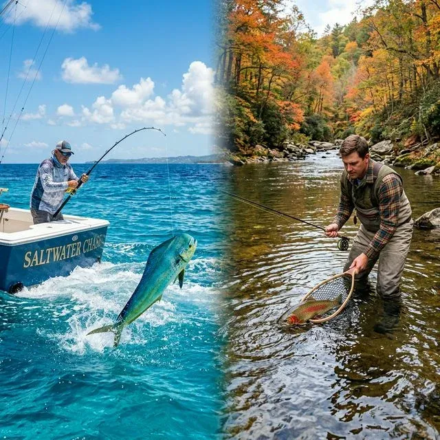 Split-screen comparison of saltwater fishing on a tropical ocean boat catching mahi-mahi versus freshwater stream fly fishing for trout in autumn forest