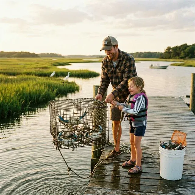 Father and daughter pulling up a crab trap full of blue crabs from a Chesapeake Bay marsh dock with egrets and golden evening light