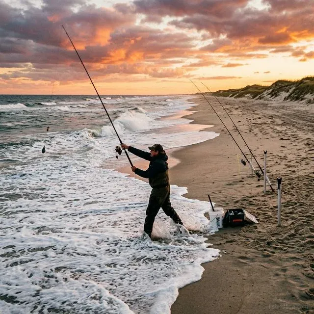 Surf fisherman casting a long rod into crashing waves at golden hour on an Atlantic coast beach with sand dunes and dramatic sunset sky