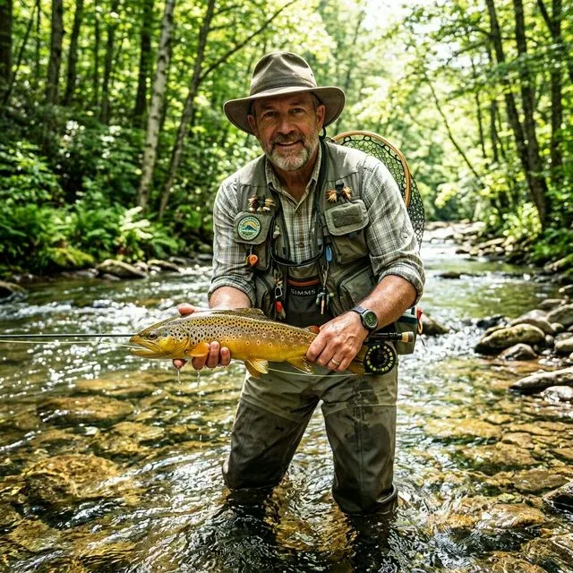 Fly fisherman in waders holding a beautiful wild brown trout in a crystal clear Appalachian mountain stream with dappled sunlight through the forest canopy
