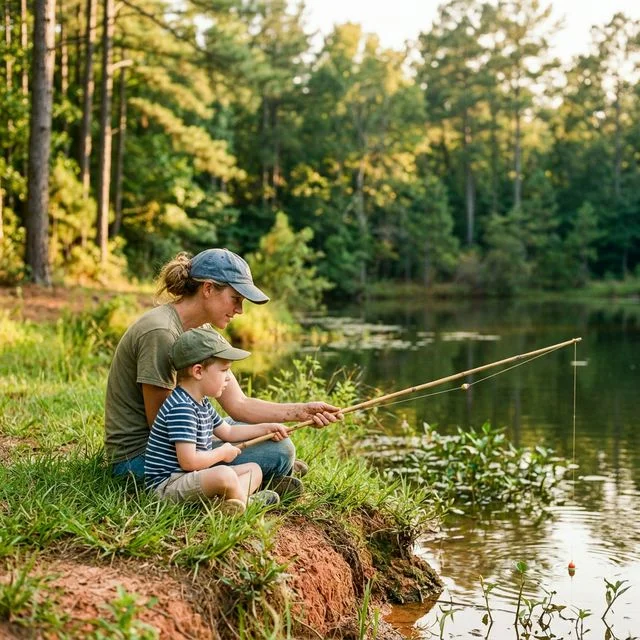 A parent and young child sitting at the edge of a quiet Alabama pond surrounded by pine trees, learning to cast with a simple spincast rod on a sunny afternoon