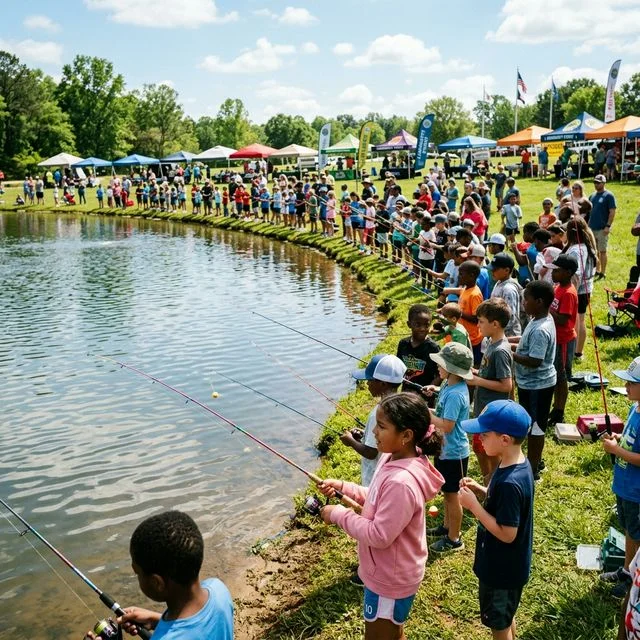 Dozens of children and parents lined up along a pond bank at an Alabama Youth Fishing Rodeo, holding fishing rods over the water