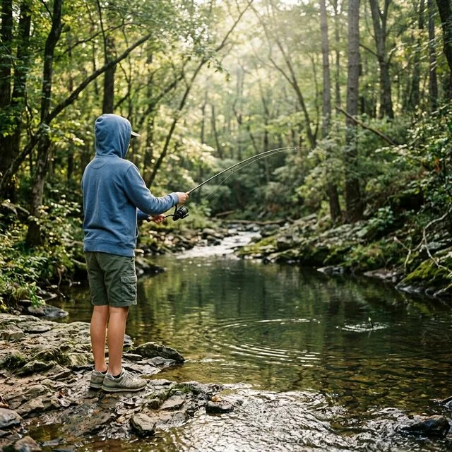 A teenager in a baseball cap fishing independently from the grassy bank of a small Alabama river with a spinning rod