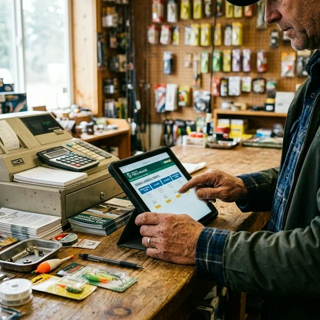 An Alabama angler comparing fishing license options on a tablet device at a tackle shop counter