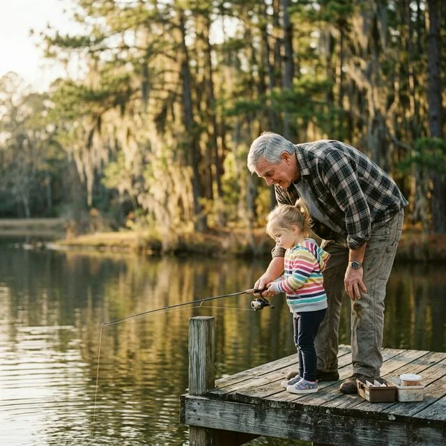 A grandfather teaching his young grandchild to fish from a wooden dock at a quiet Alabama pond surrounded by longleaf pine trees