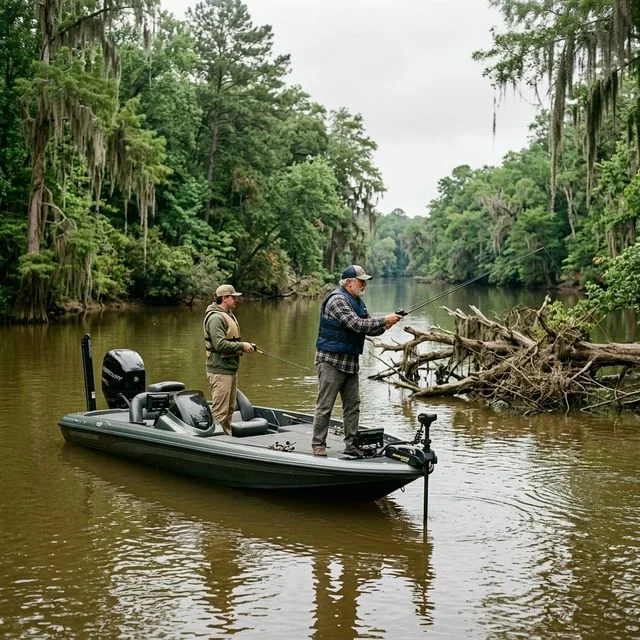 Two anglers fishing from a bass boat on the Chattahoochee River with lush green Alabama and Georgia riverbanks on both sides