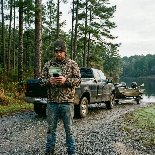 An angler purchasing a fishing license on a smartphone at a boat ramp with Alabama longleaf pines in the background