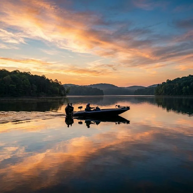 Sunrise over Pickwick Lake near the Alabama-Tennessee border with a bass boat heading out on calm water