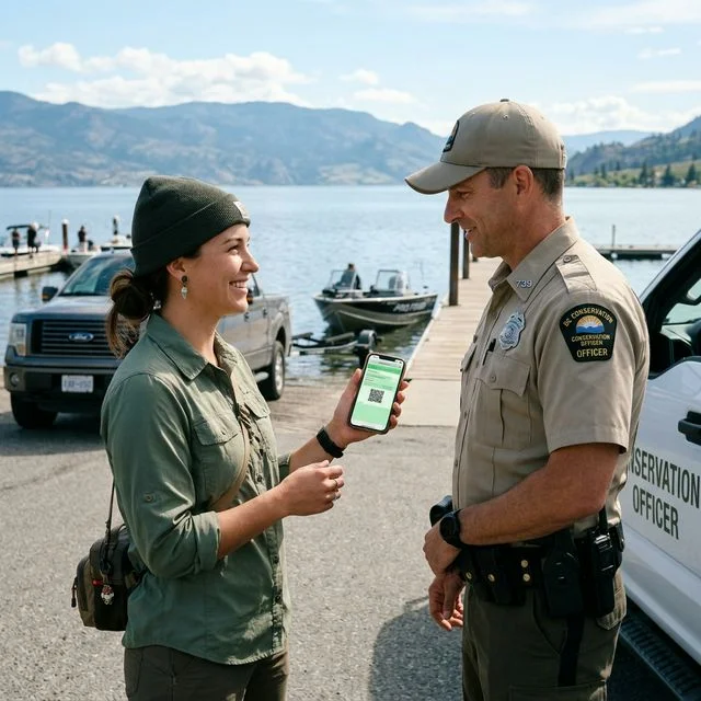 An angler at a boat ramp showing a digital fishing license on their smartphone screen to an Alabama conservation officer in uniform