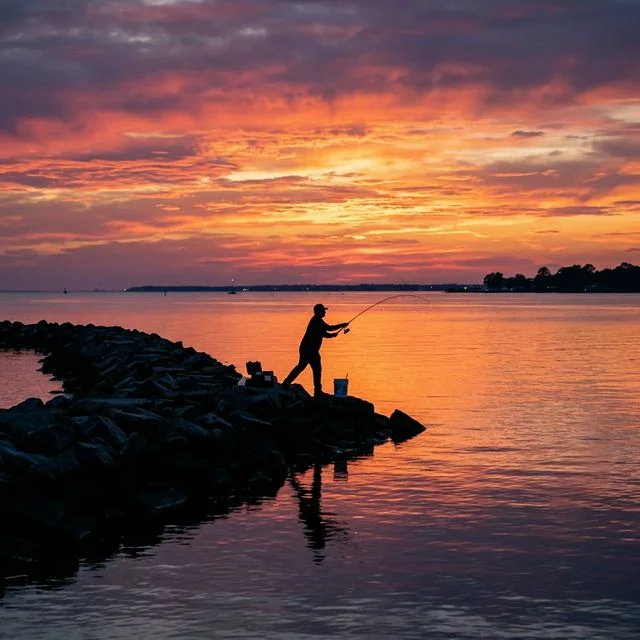 Silhouette of a lone angler casting from a small boat at sunset on Mobile Bay, Alabama, with an orange and purple sky reflecting on calm water