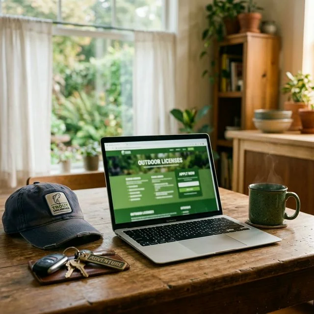 A laptop screen on a wooden desk showing the Outdoor Alabama license renewal portal, with a coffee mug and tackle box nearby