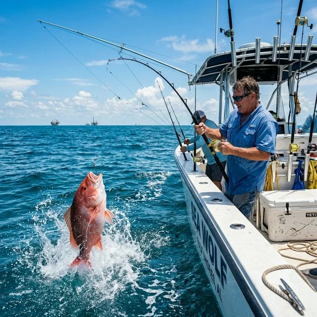 A red snapper being held up and measured for size compliance by an angler on a charter boat off the coast of Orange Beach, Alabama