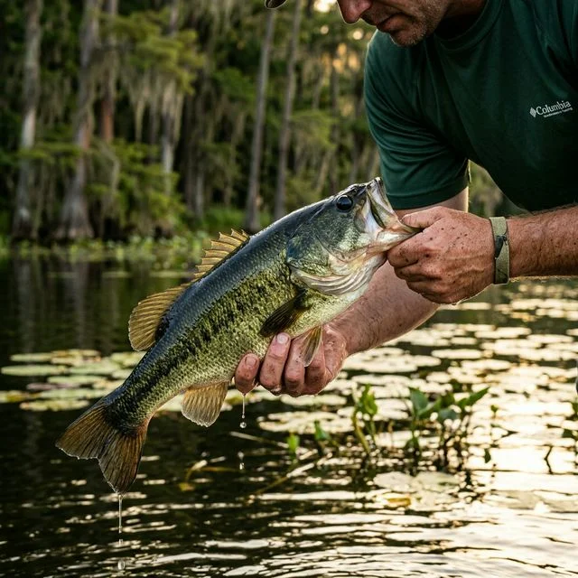 Close-up of an angler holding a large largemouth bass horizontally at Lake Guntersville, Alabama, with a measuring board visible on the boat gunwale