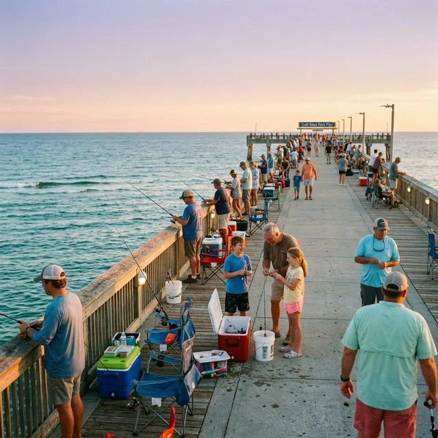 Wide-angle photograph of Gulf State Park Pier in Gulf Shores, Alabama, with anglers spaced along the metal railing at golden sunset, the 1,540-foot pier stretching toward the horizon