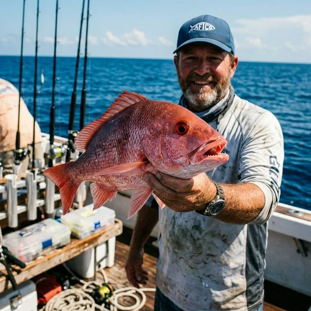 A beautiful bright-red snapper being held up by an angler wearing fishing gloves on a charter boat off the coast of Dauphin Island, Alabama, with blue Gulf water behind