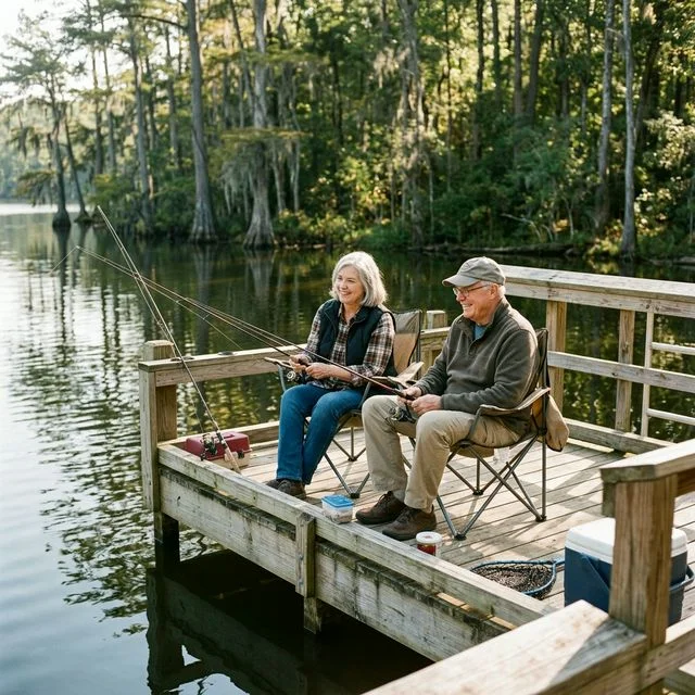 An ADA-accessible fishing dock on Wheeler Lake with a paved concrete path, shade shelter, and metal safety railings
