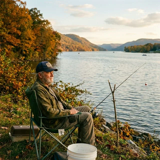 A retired angler fishing from a dock at Lake Guntersville, Alabama on a calm morning with mist rising from the water