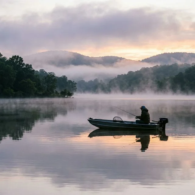 Wide panoramic view of Wheeler Lake, Alabama — a calm reservoir stretching into the distance with gentle green hills and shoreline fishing areas