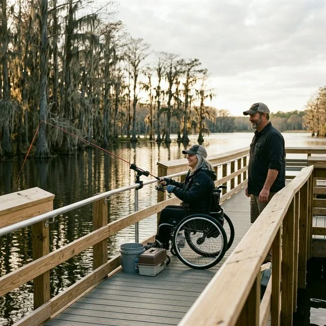 A concrete ADA-accessible fishing pier extending over a calm Alabama state park lake, with metal safety railings and a shade structure