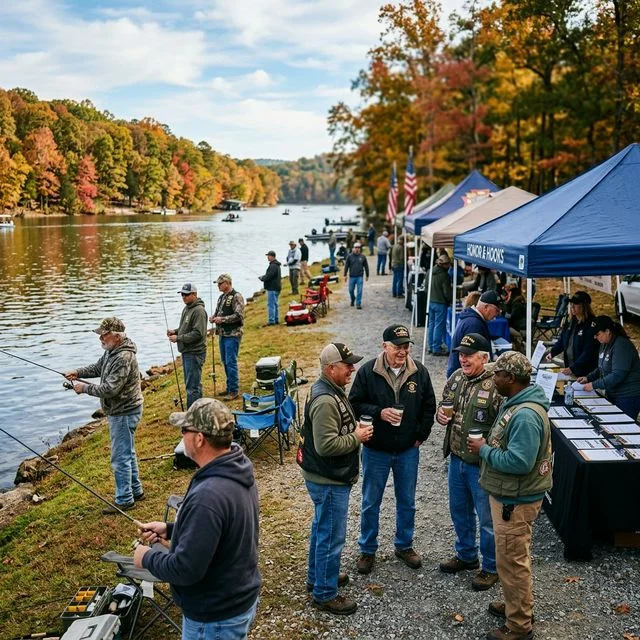 A group of veterans in matching t-shirts participating in a guided fishing event on Wheeler Lake, with bass boats and adaptive equipment visible at the dock