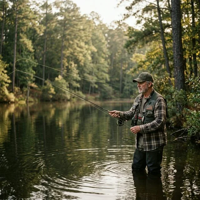 A veteran in his 40s fishing alone from the bank of a quiet Alabama creek at dawn, surrounded by cypress trees and early morning fog