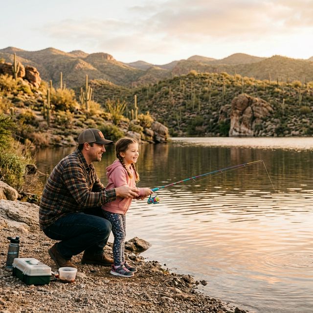 A father crouching with his young daughter at the shore of an Arizona lake surrounded by saguaro cacti, helping her hold a small fishing rod