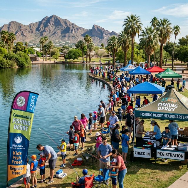 Wide shot of a kids fishing derby at a Community Fishing lake in Phoenix with dozens of children and families fishing along the shoreline