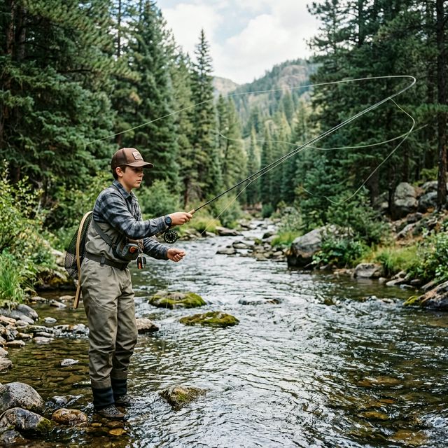 A teenage boy in waders and a baseball cap fly fishing in a clear mountain stream with pine forest in the Arizona White Mountains