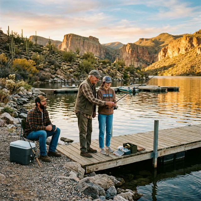 Three generations of a family fishing together at a dock on Saguaro Lake with Arizona desert cliffs in the background
