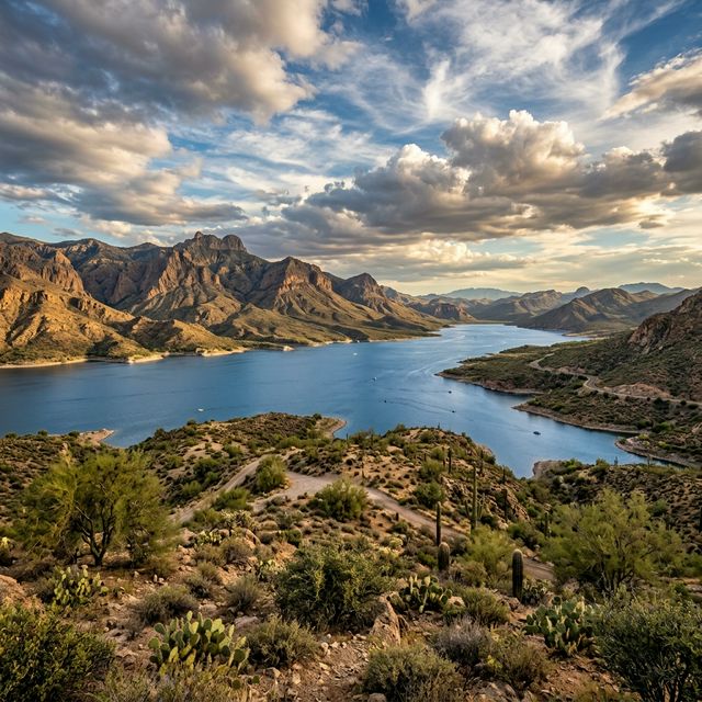 Panoramic vista of Roosevelt Lake surrounded by the Tonto National Forest with dramatic cloud formations