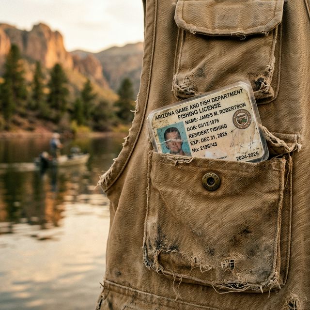 Close-up of a weathered Arizona fishing license card in the pocket of a well-worn fishing vest with an Arizona lake in the background