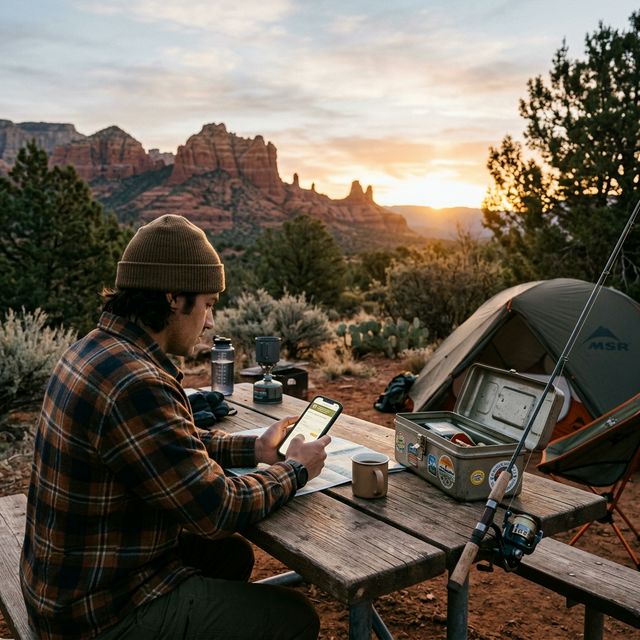 An angler at a campsite near Sedona red rocks purchasing a license on a smartphone at dawn