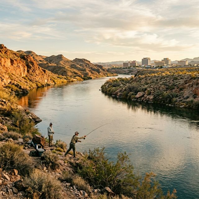Two anglers fishing from the Arizona bank of the Colorado River with desert hills and a distant skyline