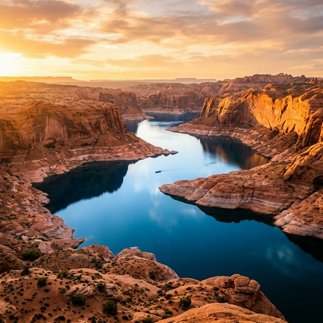 Lake Powell at golden hour with crystal blue water winding between dramatic red sandstone canyon walls
